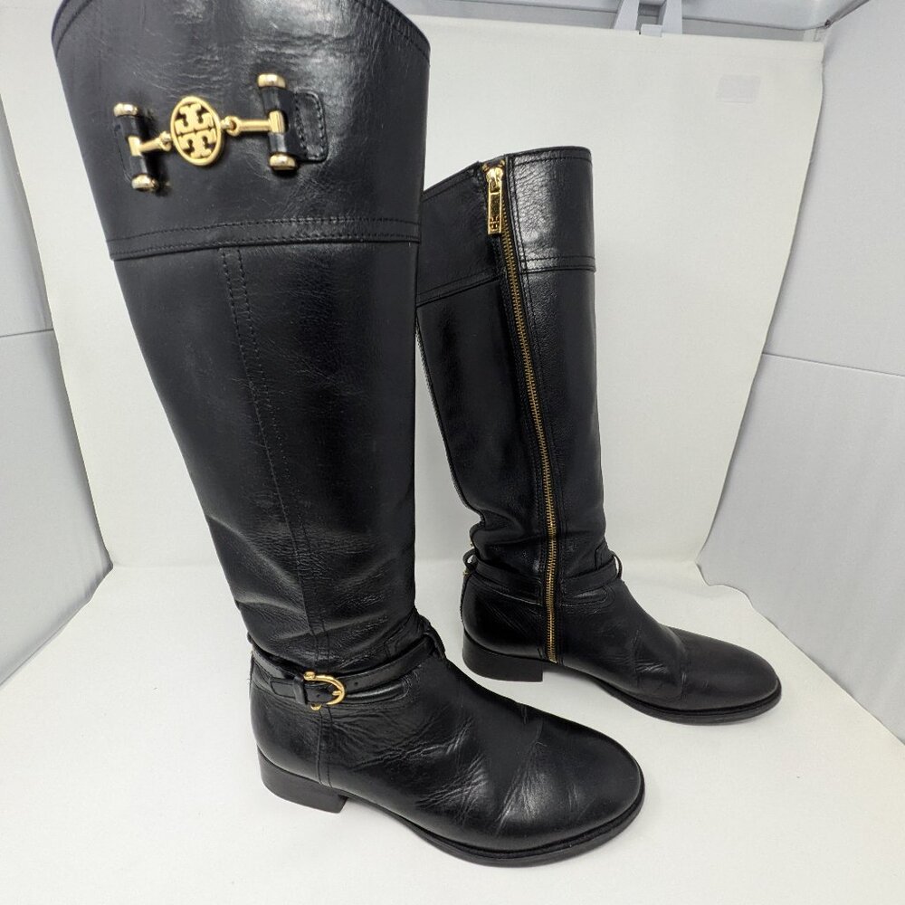 Tory Burch Knee High Black Leader Boots, Size 10 M